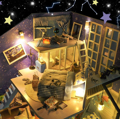 DIY Star View Hotel Dollhouse Kit Star Night Bedroom Miniature Dollhouse With Telescope Camping Room On Terrace And Free Dust Cover - Rajbharti Crafts