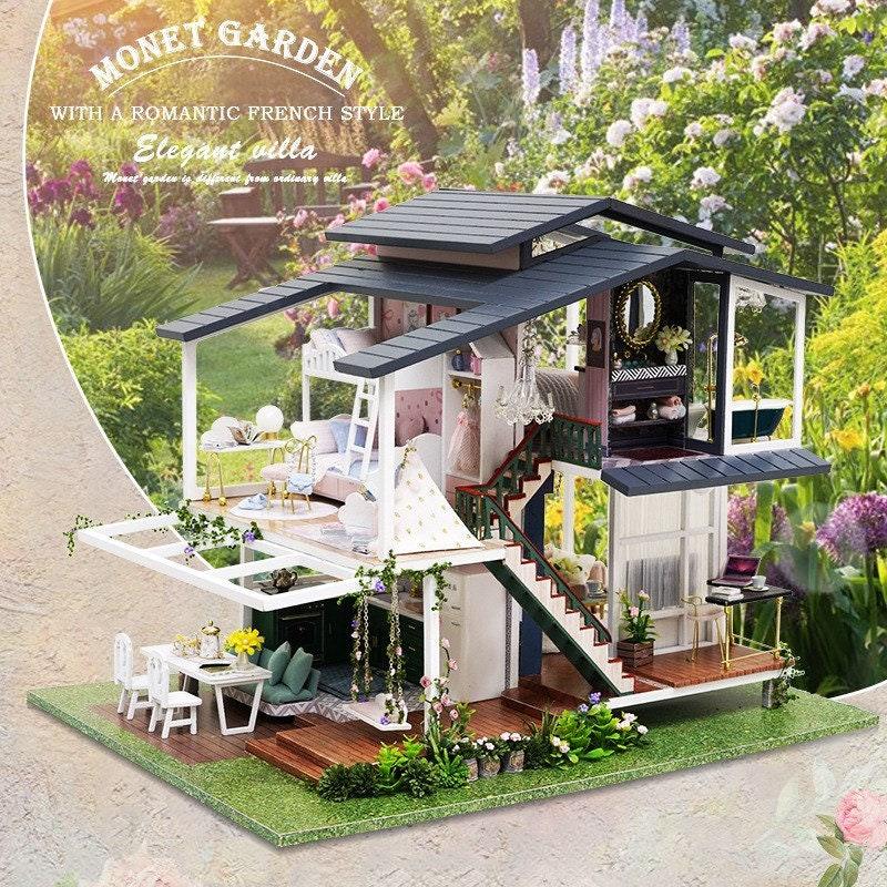 Monets Garden Dollhouse Miniature With Furniture - Two Story Modern Villa DIY Dollhouse Kit - Creative Room Idea (Dust Cover Available) - Rajbharti Crafts