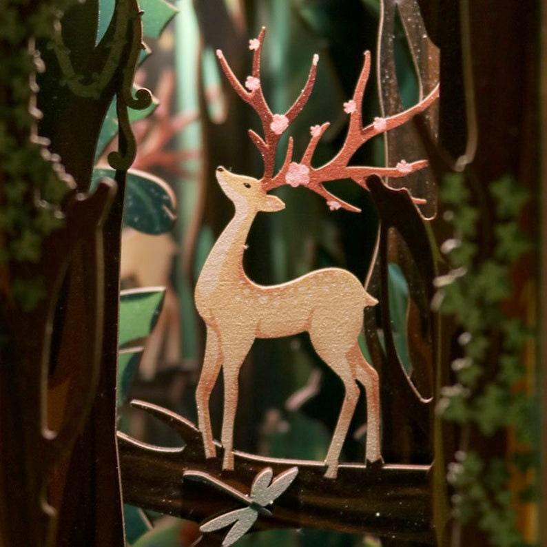 DIY Book Nook - Deer In Forest Book Nook Kit - DIY Doll House - Book Shelf Insert - Book Scenery - Bookcase with Light Model Building Kit