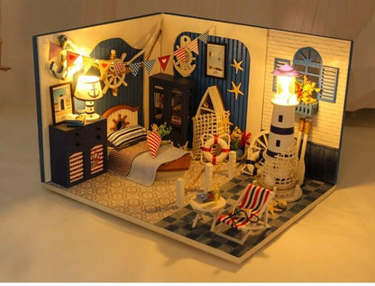 Sea Dreams Beach Dollhouse Miniature Bedroom with Lighthouse, Marine Theme DIY Dollhouse Kit With Free Dust Cover and Remote Control Lights - Rajbharti Crafts