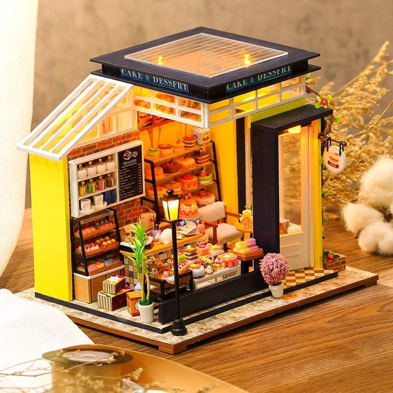 Cake Shop DIY Dollhouse Kit Baking Honey Cake Shop Dollhouse Miniature Bakery Dollhouse Kit European Style Cafe Dollhouse Adult Craft