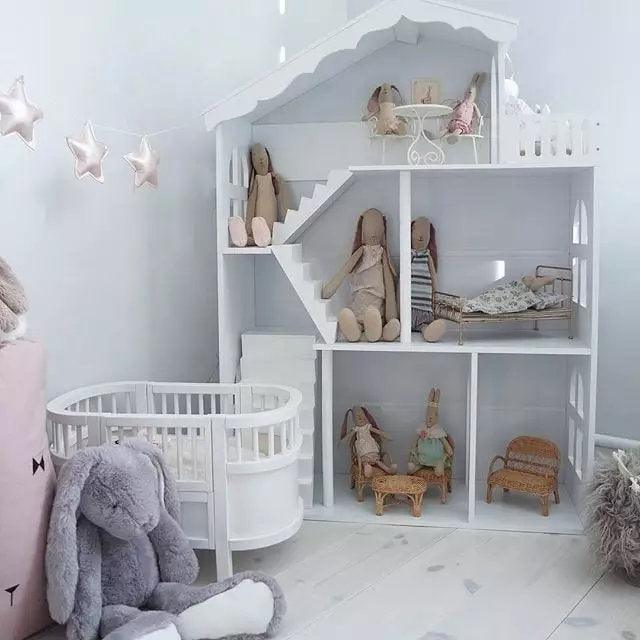 Wooden Dollhouse & Bookshelf 2 in 1 Pretend Furniture Dollhouse Made with Original Solid Wood Large Bookcase Dollhouse Kid Children Gift