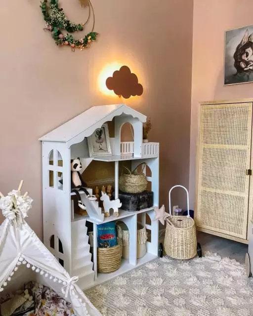 Wooden Dollhouse & Bookshelf 2 in 1 Pretend Furniture Dollhouse Made with Original Solid Wood Large Bookcase Dollhouse Kid Children Gift