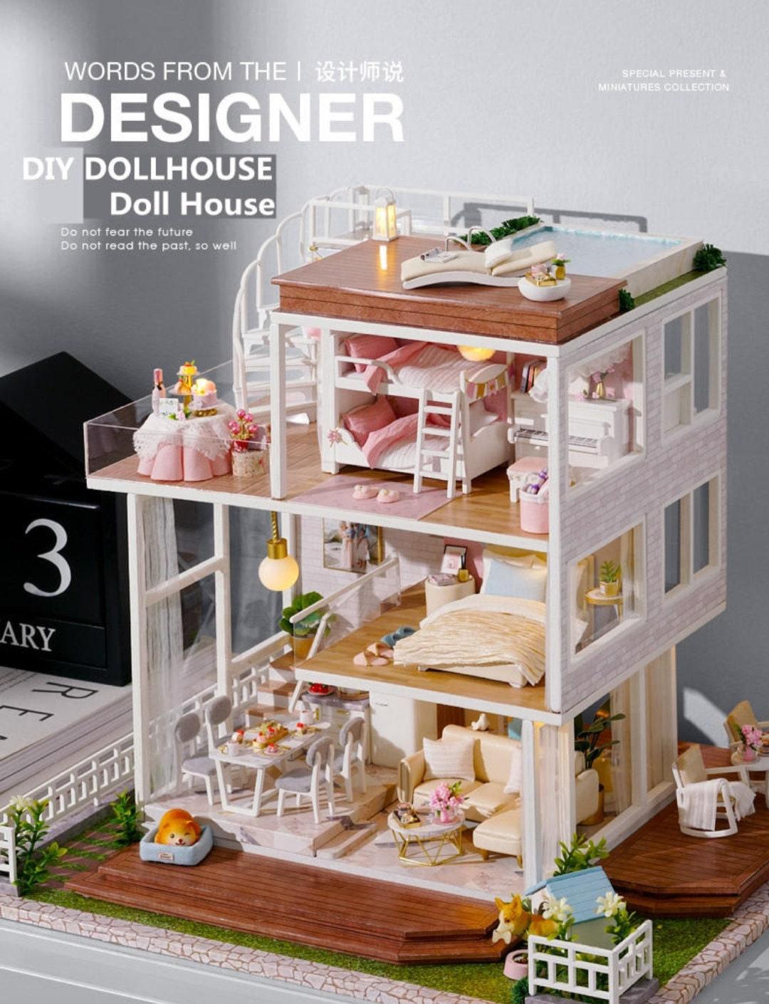 Simple Life Miniature Villa Three Floor Dollhouse with Furniture, DIY Large Dollhouse Kit With Furniture Pink Creative Room Idea - Rajbharti Crafts