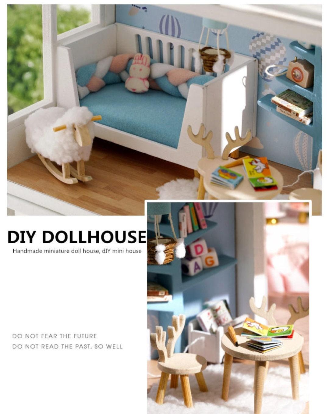 Simple Life Miniature Villa Three Floor Dollhouse with Furniture, DIY Large Dollhouse Kit With Furniture Pink Creative Room Idea