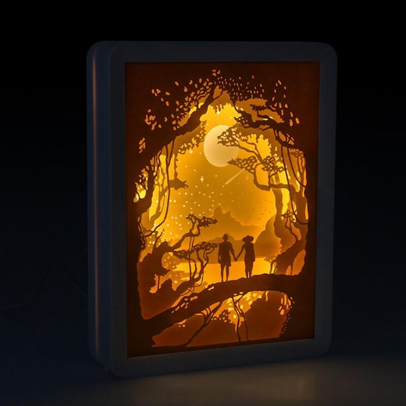 Romantic Night Shadow Box - 3D Paper Cut Light Box - Wall Hangings - Paper Cut Lamp - Laser Cut 3D Night Light With Frame, LED - Photo Frame