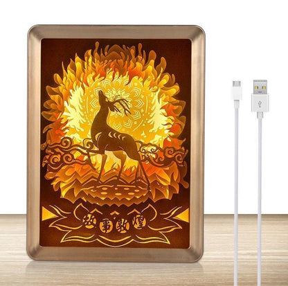 Deer In Fire Shadow Box - 3D Paper Cut Light Box - Wall Hangings - Paper Cut Lamp - Decorative 3D Night Lamp With Frame, LED - Photo Frame - Rajbharti Crafts