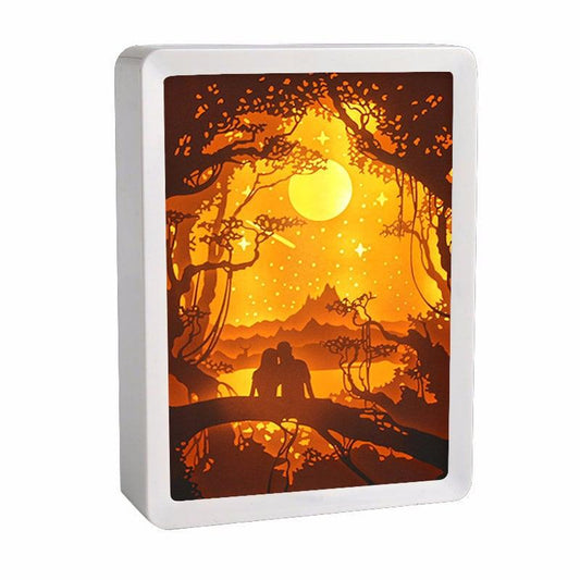 Romantic Night Shadow Box - 3D Paper Cut Light Box - Wall Hangings - Paper Cut Lamp - Laser Cut 3D Night Light With Frame, LED - Photo Frame - Rajbharti Crafts