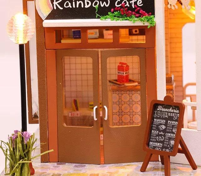 Rainbow Cafe DIY Dollhouse Kit Coffee Shop Dollhouse Miniature - Style Cafe Dollhouse Adult Craft Kit