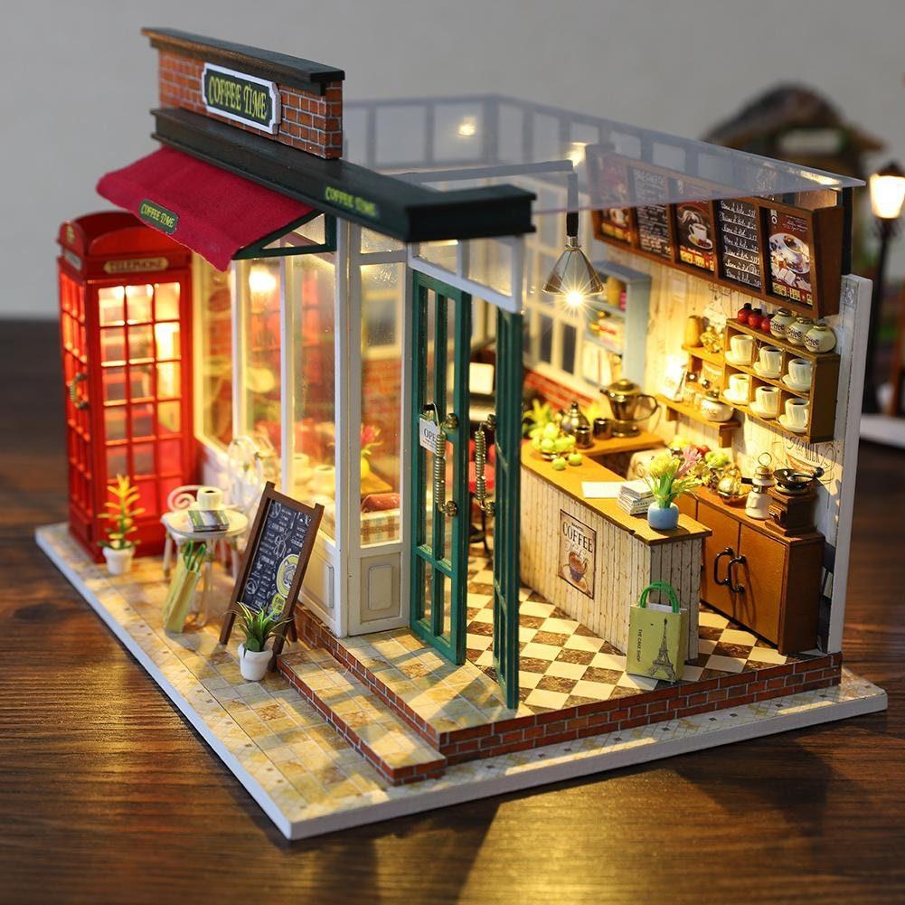 DIY Dollhouse Kit Coffee Time Shop Dollhouse Coffee Shop Dollhouse Miniature with Furniture Adult Craft Kit Doll House Kit - Rajbharti Crafts