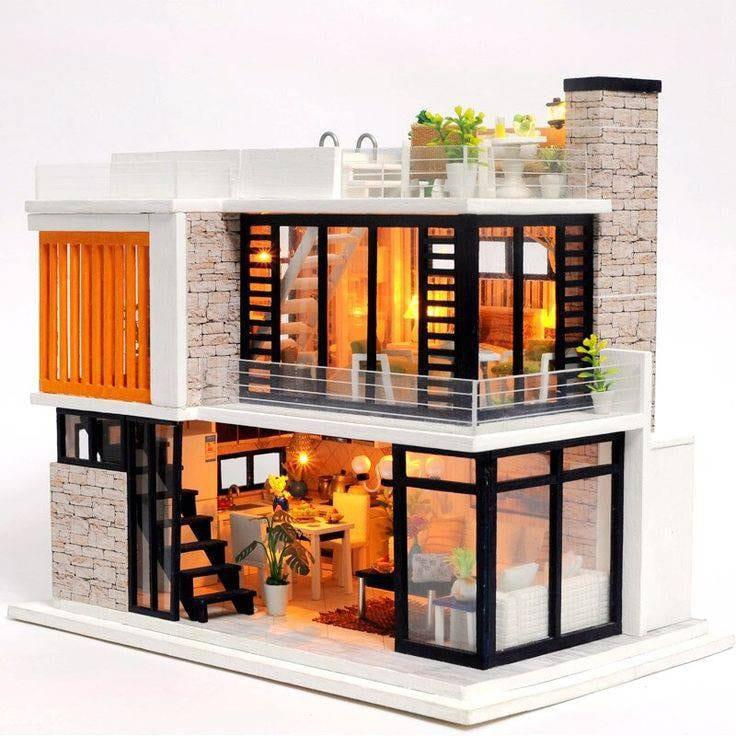 DIY Dollhouse Modern Two Story Apartment Miniature With Terrace Swimming Pool Dollhouse Toy For Children New Year Christmas Gift Adult Craft
