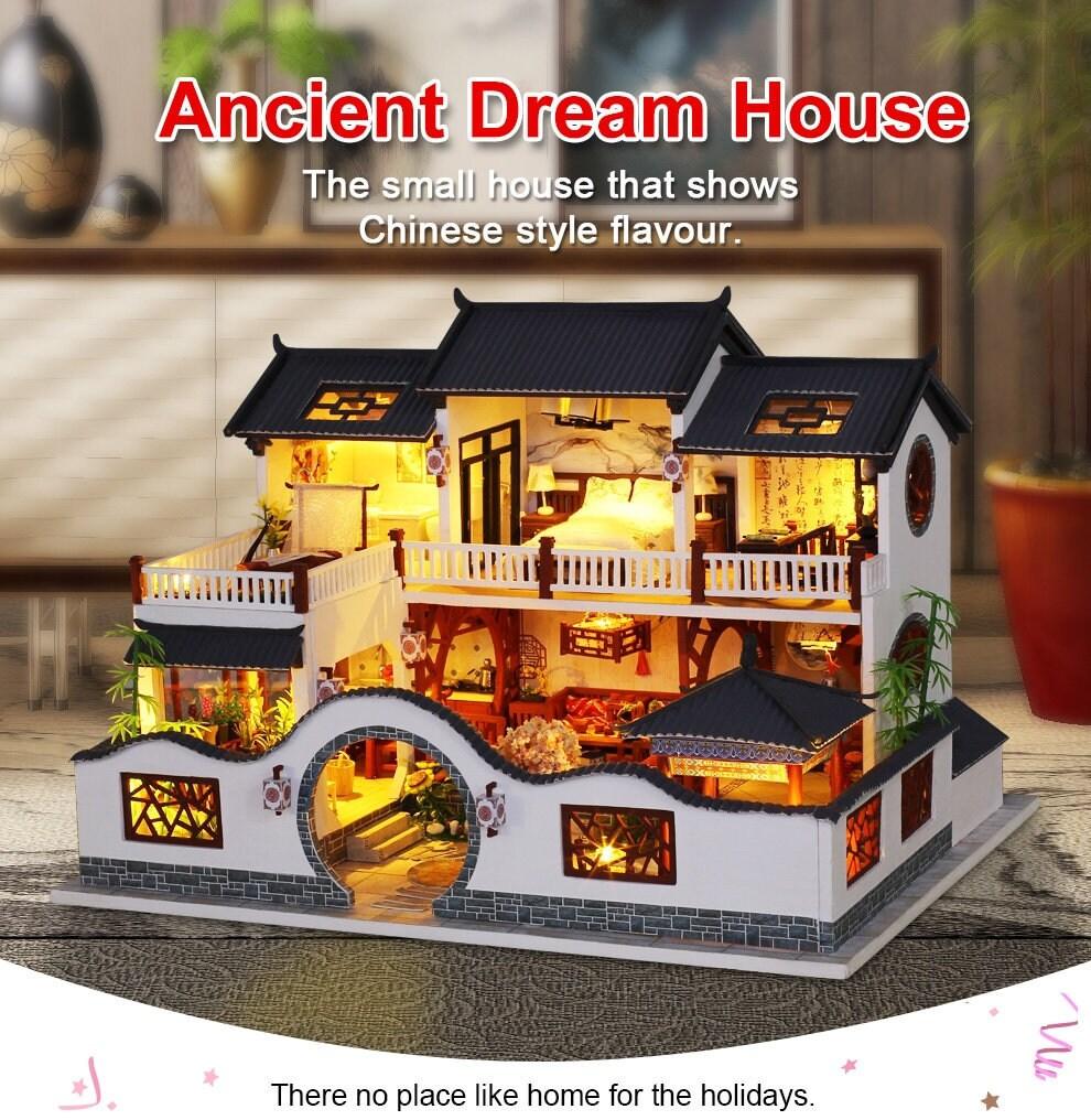 DIY Japanese Dollhouse Ancient Dreame House Traditional Style Wooden Miniature Doll House kit Large Scale with light Adult Craft Gift Decor - Rajbharti Crafts