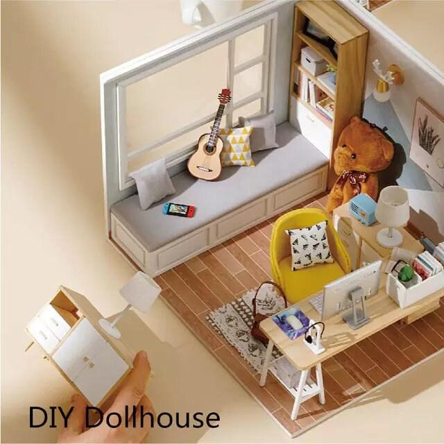 DIY Dollhouse Kit Sunshine Study Room Modern Living Room Miniature With Mini Guitar Children New Year Christmas Gift Adult Craft