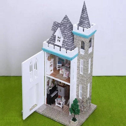 DIY Dollhouse Kit Victorian Castle Gothic Architecture Miniature Villa One Side Open Door Bungalow DIY Dollhouse Kit With Free LED Lights - Rajbharti Crafts