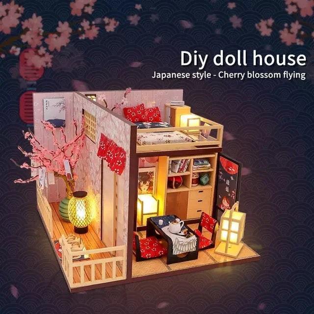 DIY Dollhouse Kit Japanese Style Cherry Blossom Miniature House Japanese Villa  Miniature Dollhouse Kit With Dust Cover Adult Craft DIY Kits