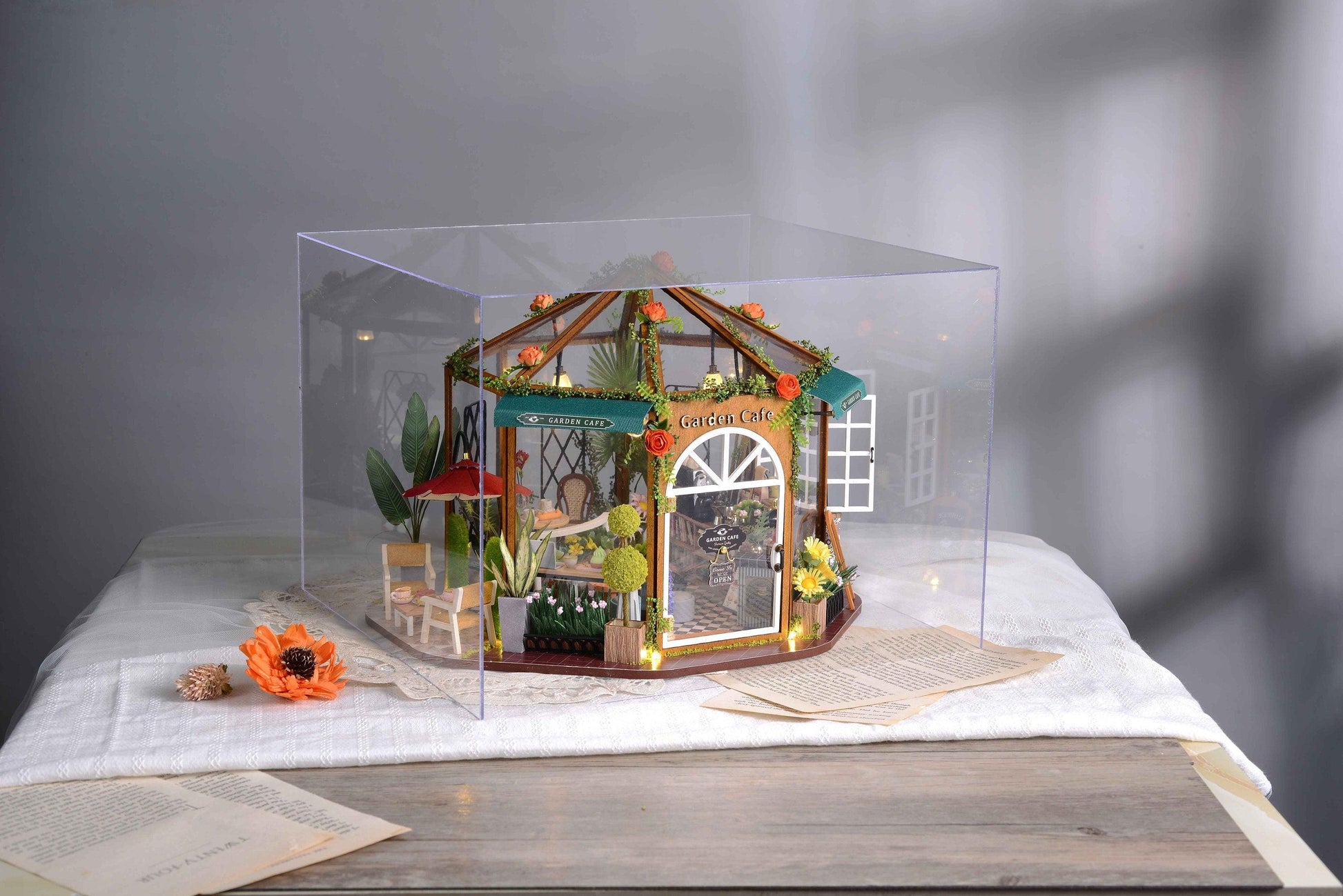 DIY Dollhouse Kit Garden Cafe Miniature Plant Studio Coffee Shop Miniature House Kit with Free Dust Cover Adult Craft DIY Kits - Rajbharti Crafts