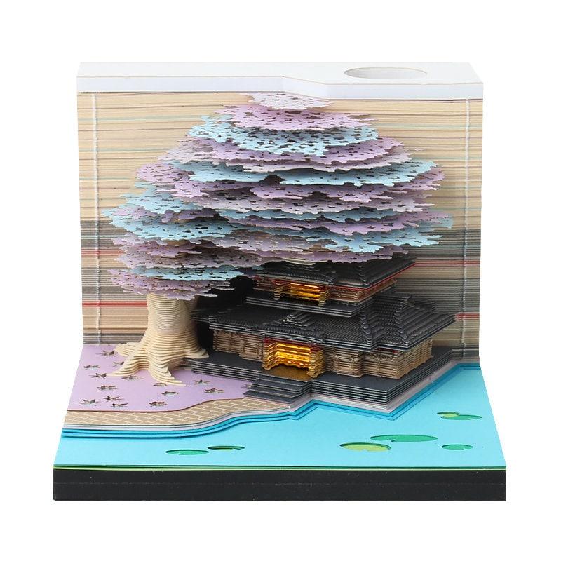 Japanese Marriage Tree House Model Building 3D Note Pad - Creative Memo Pad - Omoshiroi Block - DIY Paper Craft - Stationery Toys With LED
