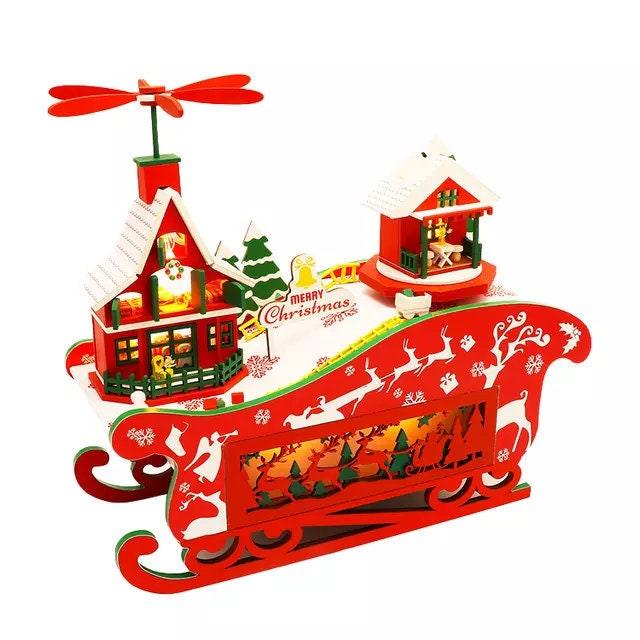 Merry Christmas DIY Dollhouse Kit Magical Christmas Night With Rotating Music Box - Sled Money Bank - Windmill Double Dtorey Dollhouse Gift - Rajbharti Crafts