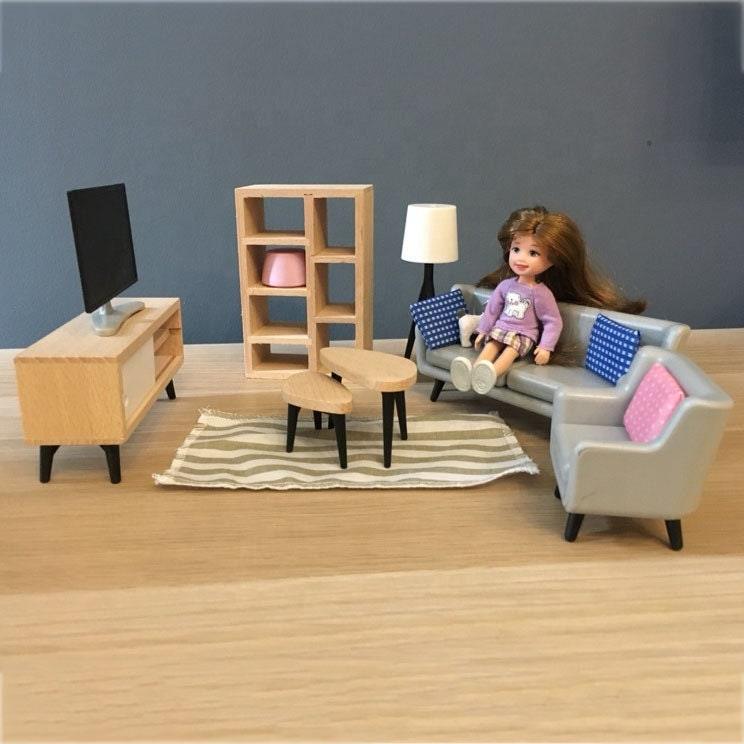 1:12 Scale - Dollhouse Furniture 8 Psc Set with Sofa Set, Book Shelf, Tea Table, LED TV With Stand And Light Lamp - Dollhouse Furniture - Rajbharti Crafts