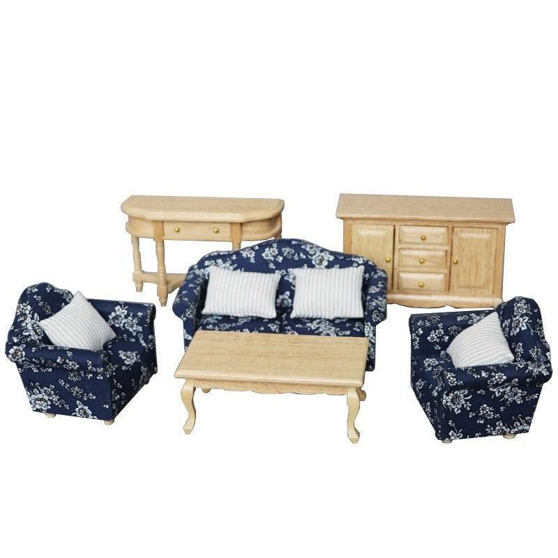 1:12 Scale - Dollhouse Furniture 6 Psc Cushion Sofa Set with Psc Large Sofa 2 Chairs And 3 Psc Wooden Furniture - Dollhouse Living Furniture - Rajbharti Crafts