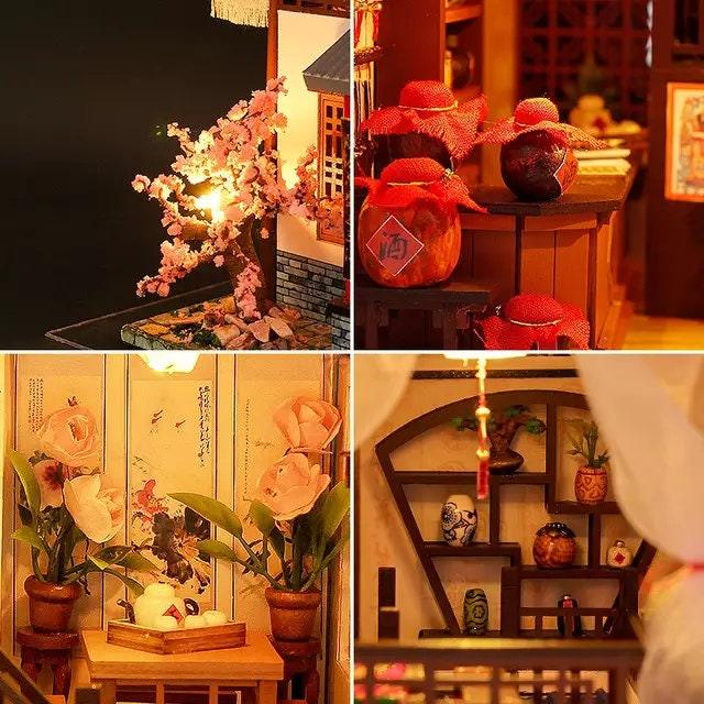 DIY Dollhouse Classical Chinese Restaurant Miniature Doll House kit Chinese Inn Miniature Large Scale with light Adult Craft Gift Decor
