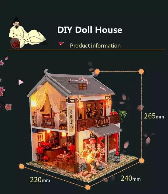 DIY Dollhouse Classical Chinese Restaurant Miniature Doll House kit Chinese Inn Miniature Large Scale with light Adult Craft Gift Decor