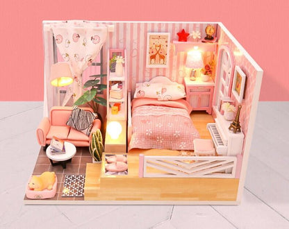 DIY Dollhouse Kit - Modern Living Pink Girl Bedroom Miniature Dollhouse Kit - Best Thanksgiving, Birthday, Christmas Gift Adult Craft - Rajbharti Crafts