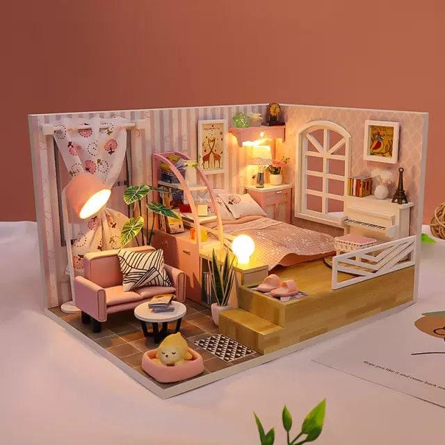DIY Dollhouse Kit - Modern Living Pink Girl Bedroom Miniature Dollhouse Kit - Best Thanksgiving, Birthday, Christmas Gift Adult Craft - Rajbharti Crafts
