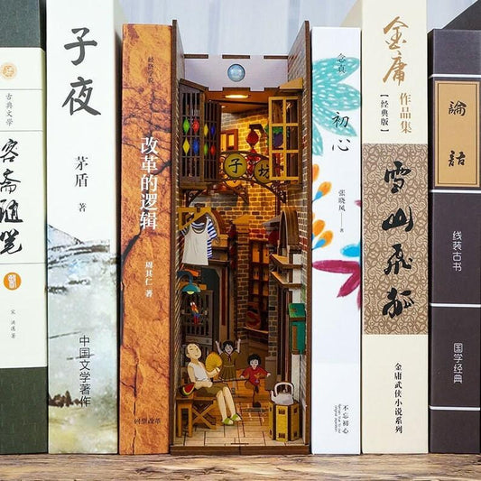 Shanghai Old Town Chinese Style Book Nook Kit DIY Doll House - Book Shelf Insert - Book Scenery - Bookcase - with Light Model Building Kit - Rajbharti Crafts