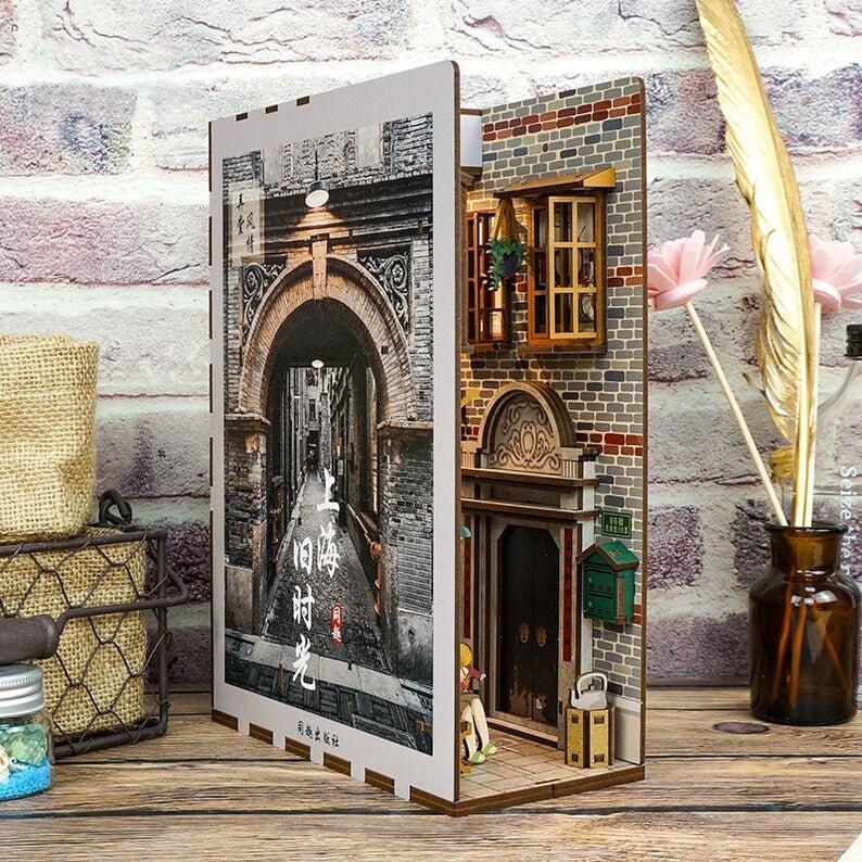 Shanghai Old Town Chinese Style Book Nook Kit DIY Doll House - Book Shelf Insert - Book Scenery - Bookcase - with Light Model Building Kit - Rajbharti Crafts