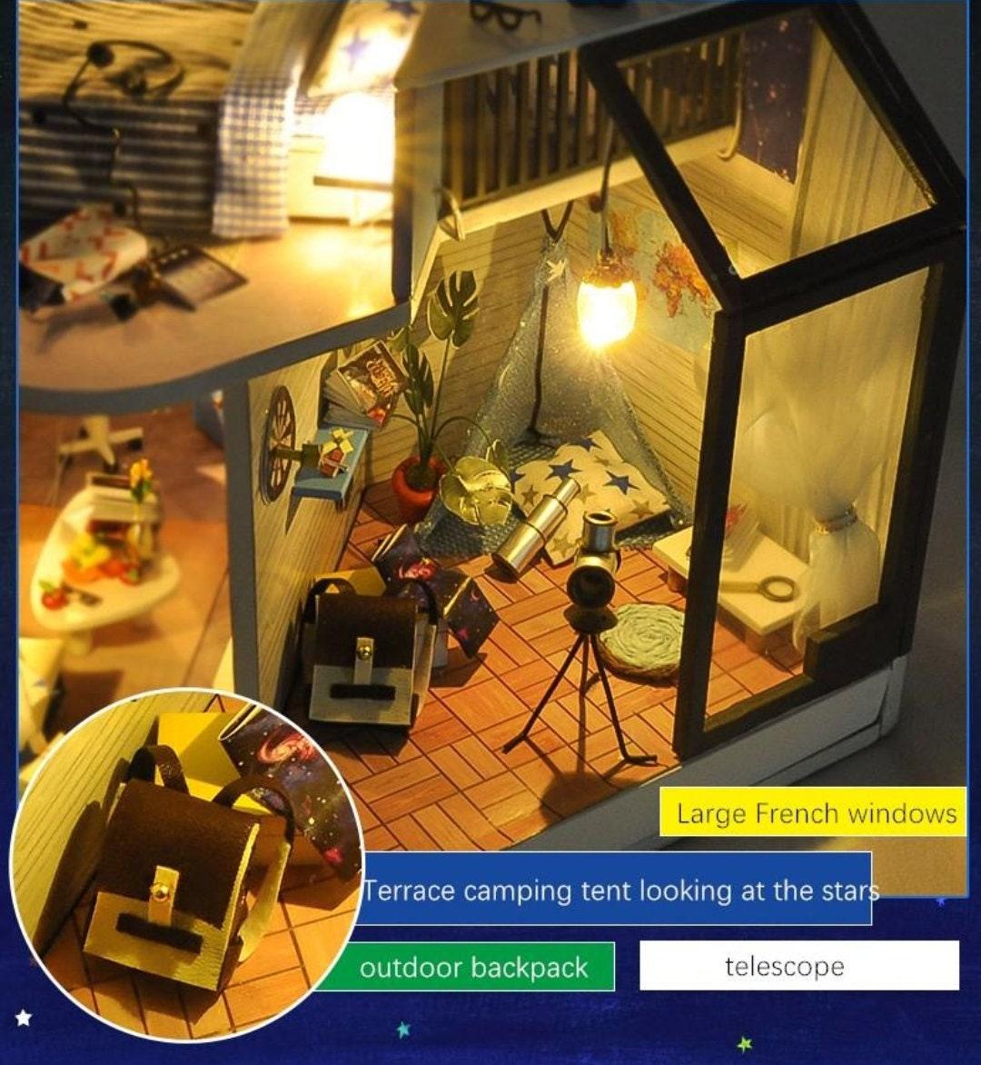 DIY Star View Hotel Dollhouse Kit  Star Night Bedroom Miniature Dollhouse With Telescope Camping Room On Terrace And Free Dust Cover