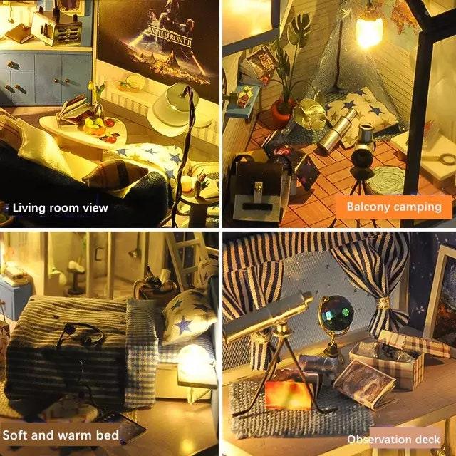 DIY Star View Hotel Dollhouse Kit Star Night Bedroom Miniature Dollhouse With Telescope Camping Room On Terrace And Free Dust Cover - Rajbharti Crafts