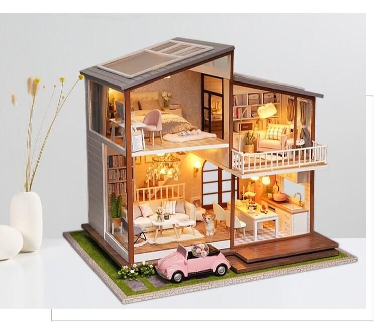 Modern Dollhouse Miniature with Furniture European Style DIY Dollhouse Kit With Free Dust Proof And Toy Car Creative Room Large Dollhouse