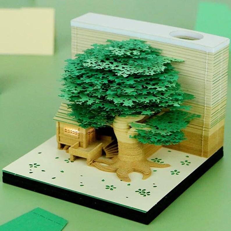 Tree Cottage Miniature Model Building 3D Note Pad - Creative Memo Pad - Omoshiroi Block - DIY Paper Craft - Stationery Toys With LED - Gifts