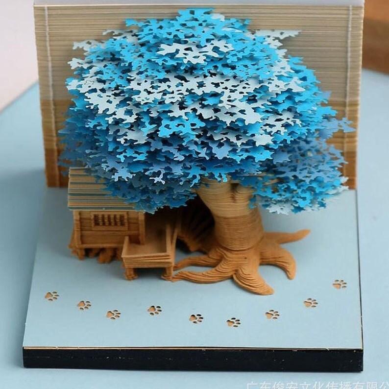 Tree Cottage Miniature Model Building 3D Note Pad - Creative Memo Pad - Omoshiroi Block - DIY Paper Craft - Stationery Toys With LED - Gifts