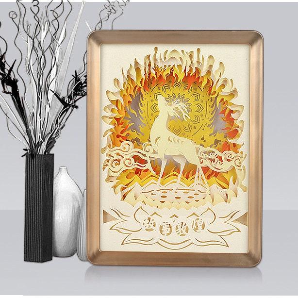 Deer In Fire Shadow Box - 3D Paper Cut Light Box - Wall Hangings - Paper Cut Lamp - Decorative 3D Night Lamp With Frame, LED - Photo Frame