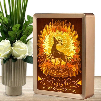 Deer In Fire Shadow Box - 3D Paper Cut Light Box - Wall Hangings - Paper Cut Lamp - Decorative 3D Night Lamp With Frame, LED - Photo Frame - Rajbharti Crafts