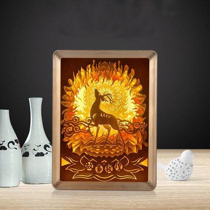 Deer In Fire Shadow Box - 3D Paper Cut Light Box - Wall Hangings - Paper Cut Lamp - Decorative 3D Night Lamp With Frame, LED - Photo Frame