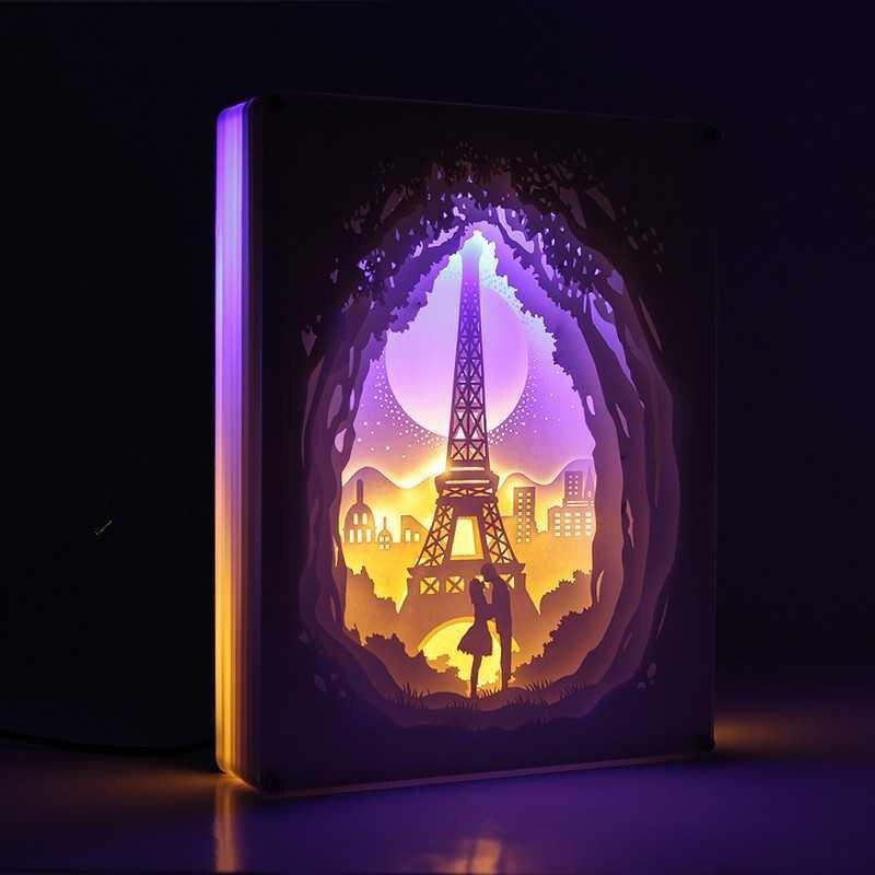 Eiffel Tower Paris Shadow Box - 3D Paper Cut Light Box - Wall Hanging - Paper Cut Lamp - Bedside Decorative 3D Night Lamp With Frame, LED