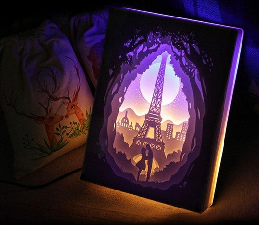 Eiffel Tower Paris Shadow Box - 3D Paper Cut Light Box - Wall Hanging - Paper Cut Lamp - Bedside Decorative 3D Night Lamp With Frame, LED - Rajbharti Crafts