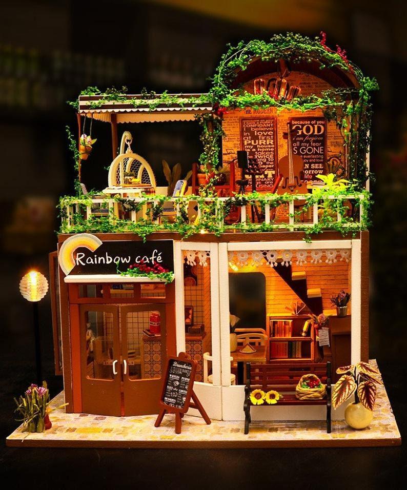 Rainbow Cafe DIY Dollhouse Kit Coffee Shop Dollhouse Miniature - Style –  Rajbharti Crafts