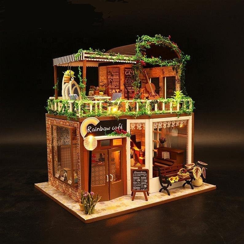 Rainbow Cafe DIY Dollhouse Kit Coffee Shop Dollhouse Miniature - Style Cafe Dollhouse Adult Craft Kit - Rajbharti Crafts