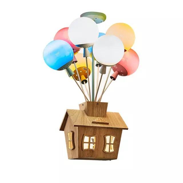 Kids Room Decor - Chandelier Pendant Ceiling Lights - Balloon Chandelier Lamp With Wooden Miniature Dollhouse - Kids Room Air Balloon House