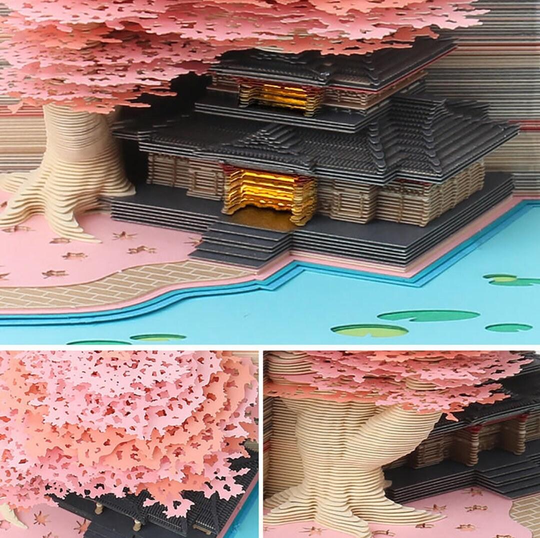 Japanese Marriage Tree House Model Building 3D Note Pad - Creative Memo Pad - Omoshiroi Block - DIY Paper Craft - Stationery Toys With LED
