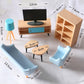 1:12 Scale - Dollhouse Furniture 8 Psc Set with Sofa Set, Book Shelf, Tea Table, LED TV With Stand And Light Lamp - Dollhouse Furniture