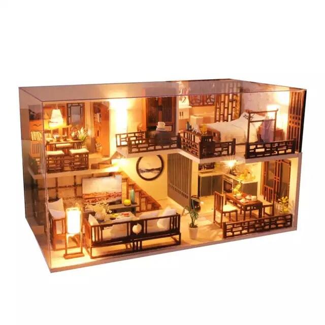 DIY Dollhouse Kit - Modern Living Room Miniature Dollhouse Kit - Duplex Apartment With FREE Dust Cover- Birthday, Christmas Gift Adult Craft