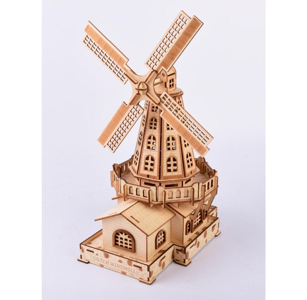Dutch Windmill DIY 3D Wooden Puzzle Kit - Mechanical Movement Windmill STEM Toy Kit - Windmill Miniature - DIY Wooden Puzzle Kit