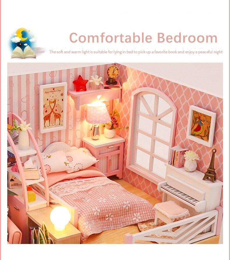 DIY Dollhouse Kit - Modern Living Pink Girl Bedroom Miniature Dollhouse Kit - Best Thanksgiving, Birthday, Christmas Gift Adult Craft
