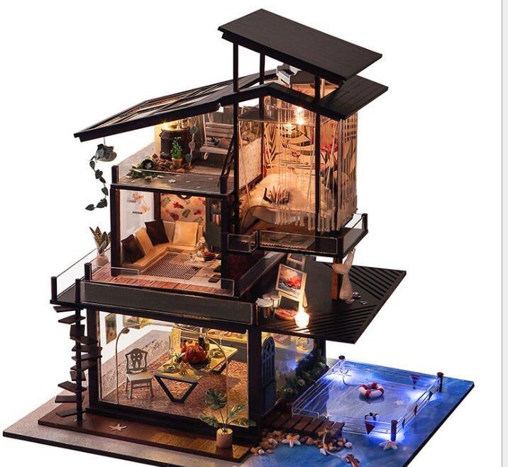 Coastal Villa Dollhouse - DIY Dollhouse Kit - Swimming Pool Dollhouse - Backyard Sea Miniature Large Size Dollhouse Best Birthday Gifts