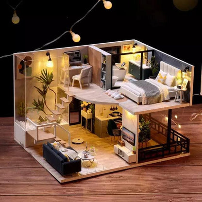 DIY Dollhouse Kit - Modern Living Room Miniature Doll House Kit - Duplex Apartment Doll House Kit - Birthday, Christmas Gift Adult Craft